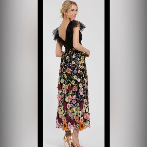 Mac Duggal Black and Multicolor Floral appliqué Midi Dress, US2 - Picture 11 of 16